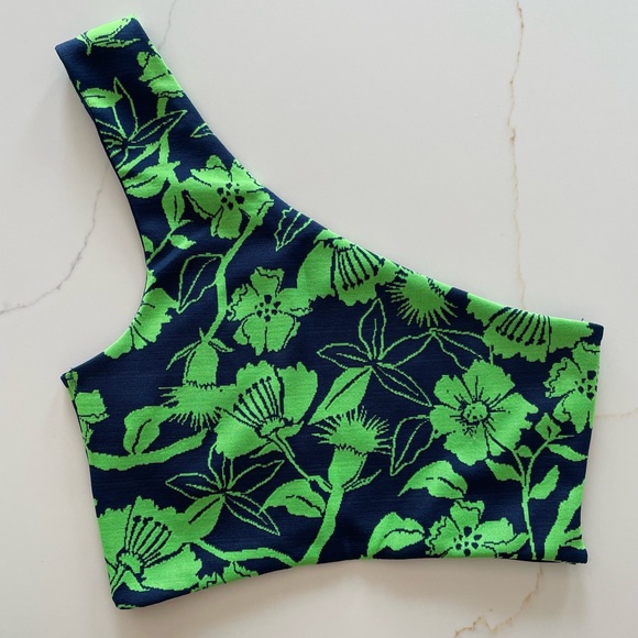 Zara Womens One Shoulder Crop Top Floral Navy Green Print Size Medium NWT - Picture 2 of 5